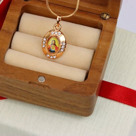 "Sacred Heart Rose Gold Pendant with Crystals – Religious Jewelry, XPPT1737 - Picture 11 of 13